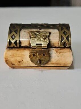 Camel Bone Jewelry Box with Brass Owl Shaped Hardware Vintage 1997s Handmade